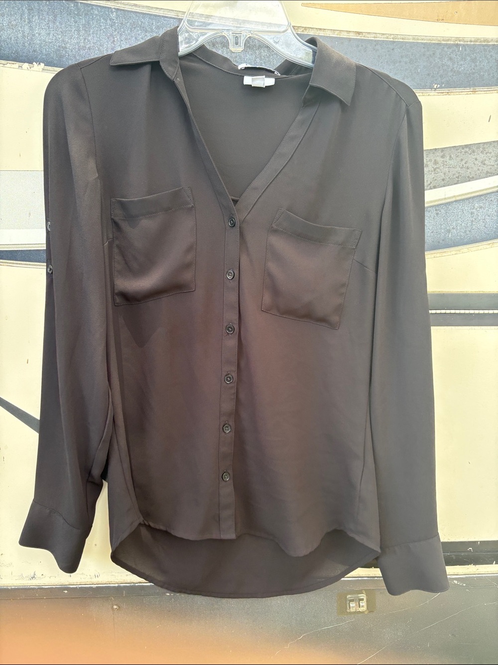 Express Black Button-Front Collared Blouse - Picture 2 of 7